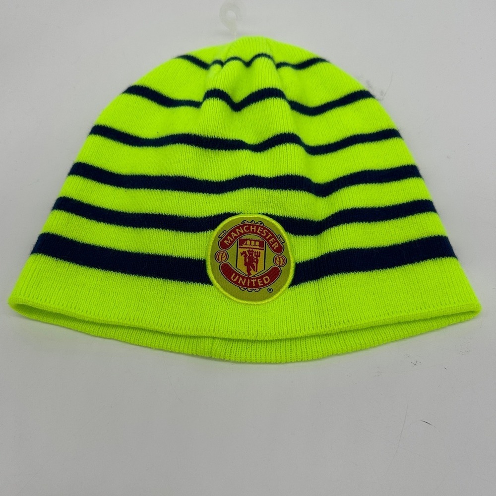 Manchester United Beanie Hats Unisex OSFA Neon Green Black Stripes Patch Logo